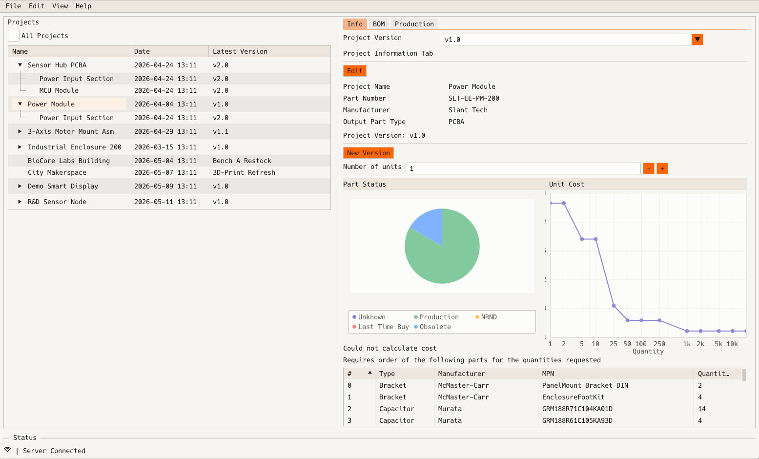 warecache desktop project view with a tree of projects and sub-projects, a version selector, part lifecycle pie chart, unit cost versus quantity curve, and a list of parts that must be ordered
